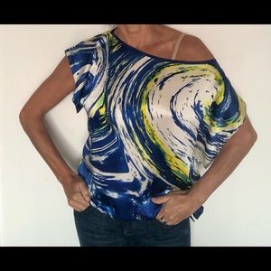 Seasatin 100% silk charmeuse top blue and yellow print in S.